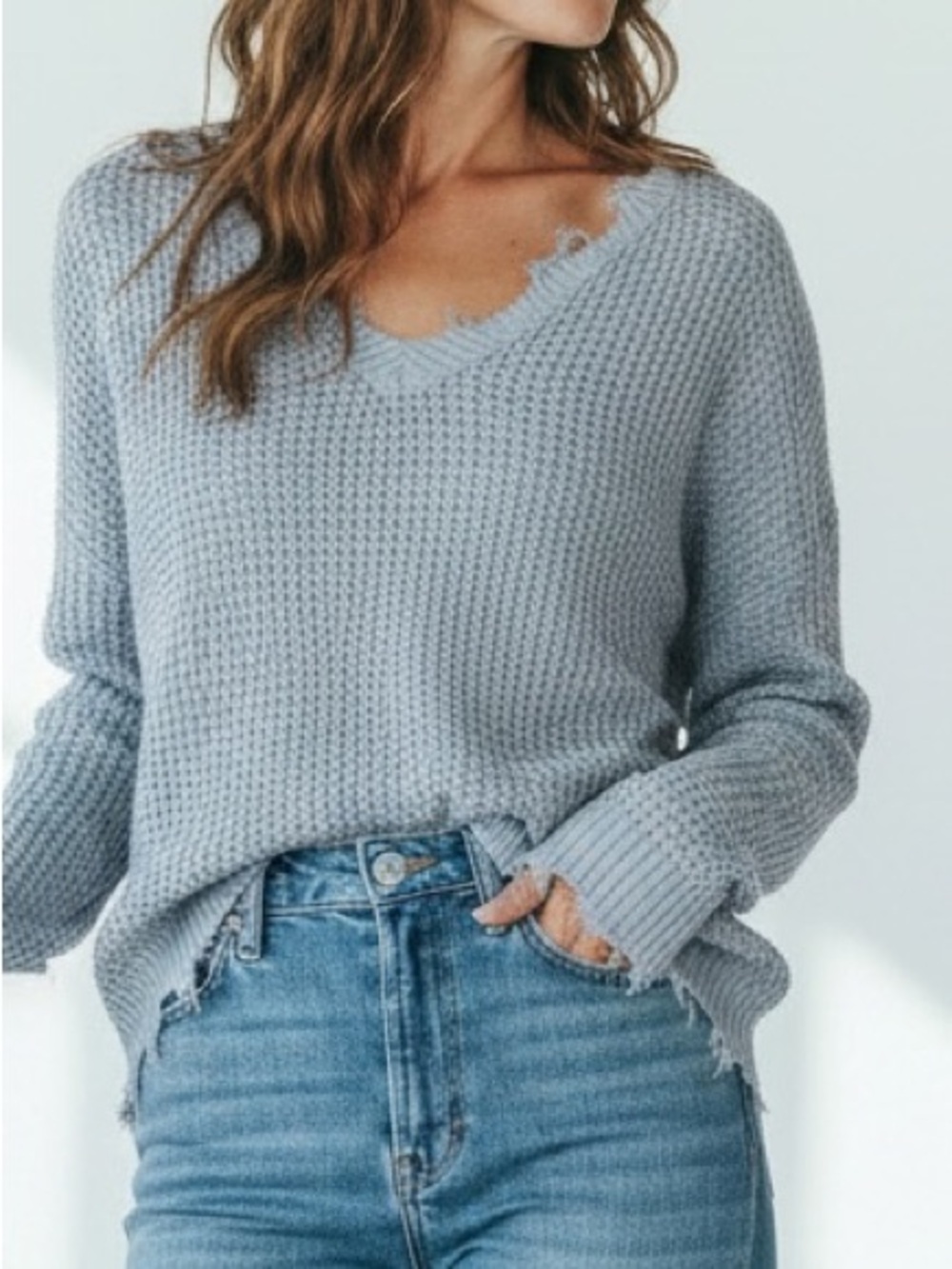 Moon & Madison Distressed V Neck V Back Sweater
